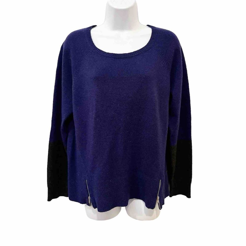 Eileen Fisher Size Large Blue Color Block Yak/Merino Wool Sweater Zipper Detail